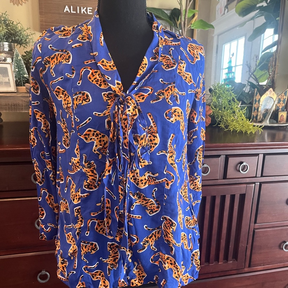 Anthropologie Blue and Orange Animal Print Leopards Blouse Top